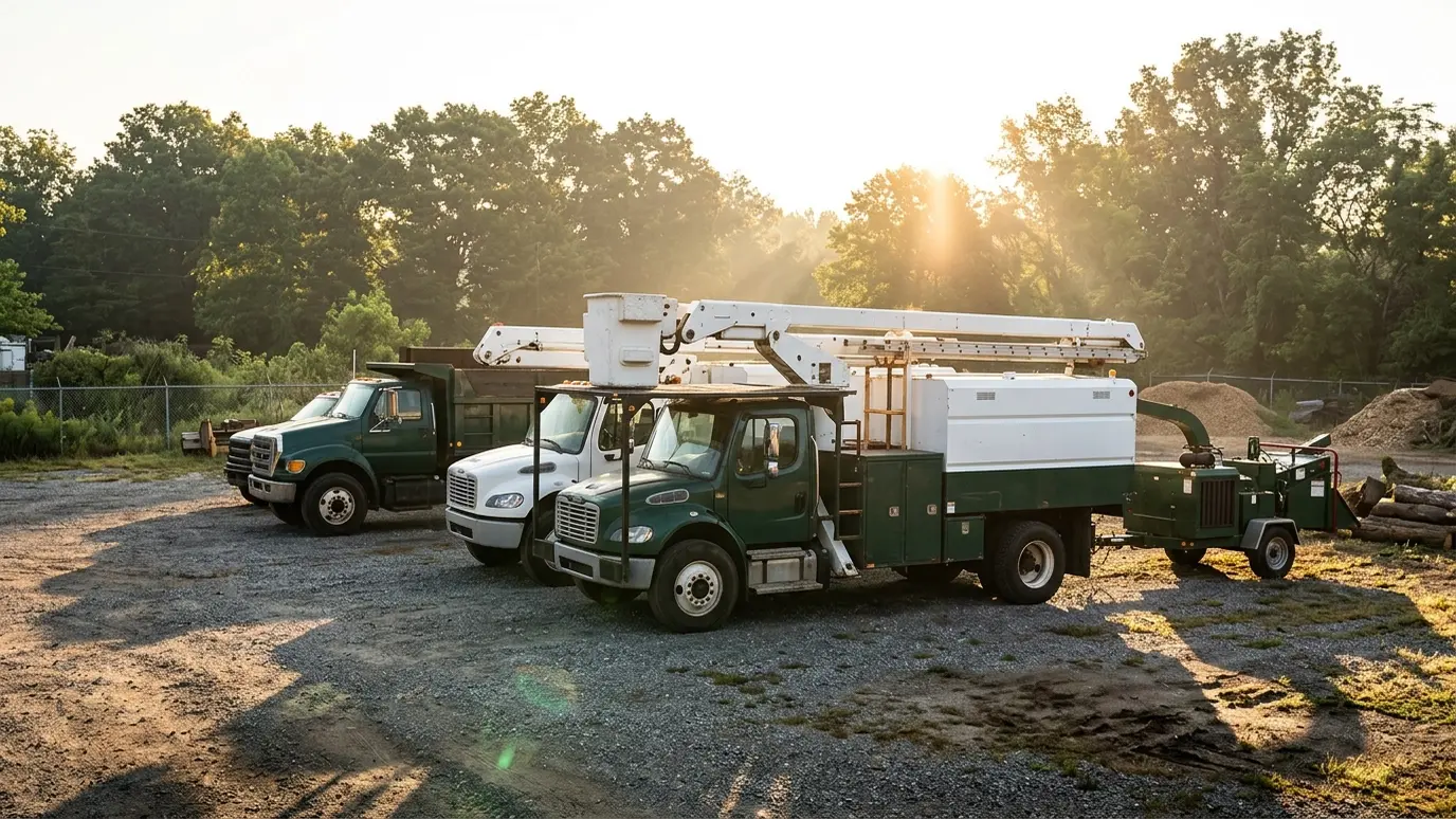 A row of tree care trucks, a chipper and a bucket truck lined up at a yard at sunrise