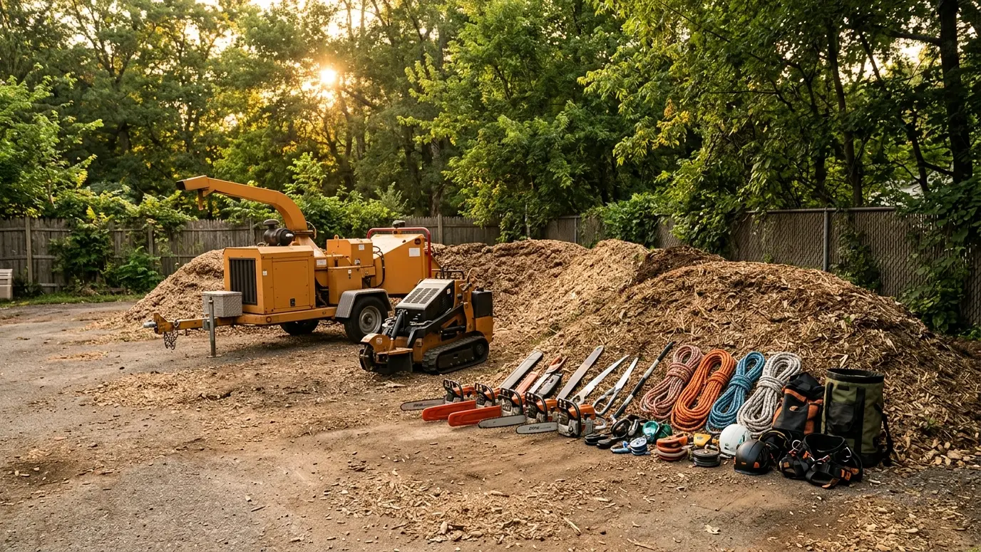 A tidy equipment yard with a chipper, a stump grinder, ropes and saws laid out neatly beside a wood chip pile at golden hour
