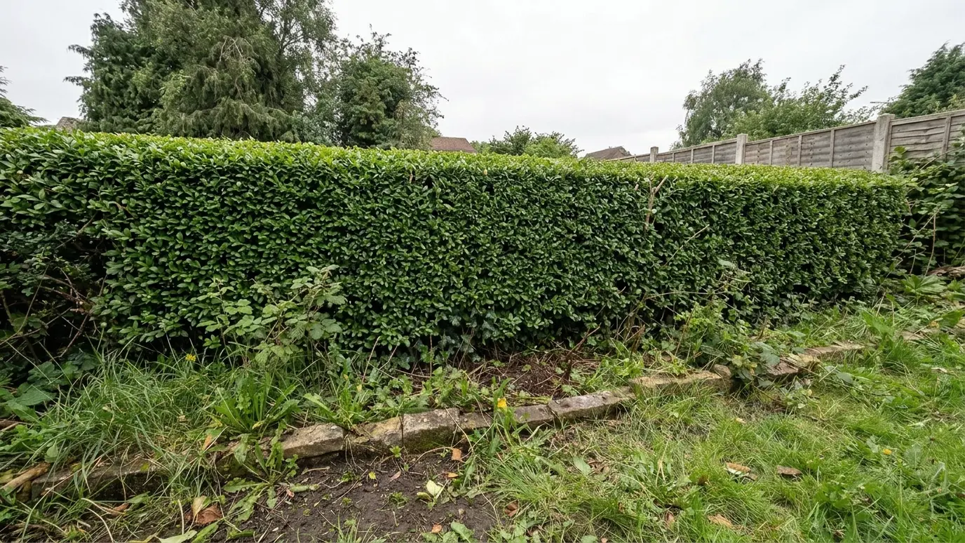 After: Hedge and shrub trimming | Music City Tree Service After: a garden border with a crisp, shaped hedge with clean lines