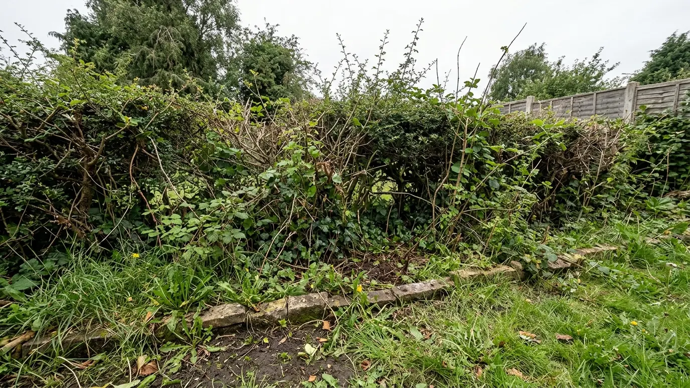 Before: a garden border with an overgrown, ragged hedge