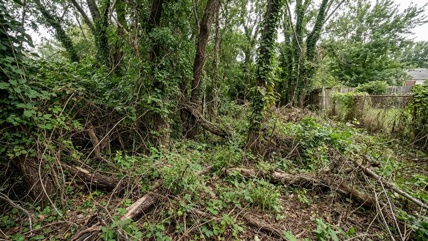 Before: a wooded lot with thick brush, vines and small trees