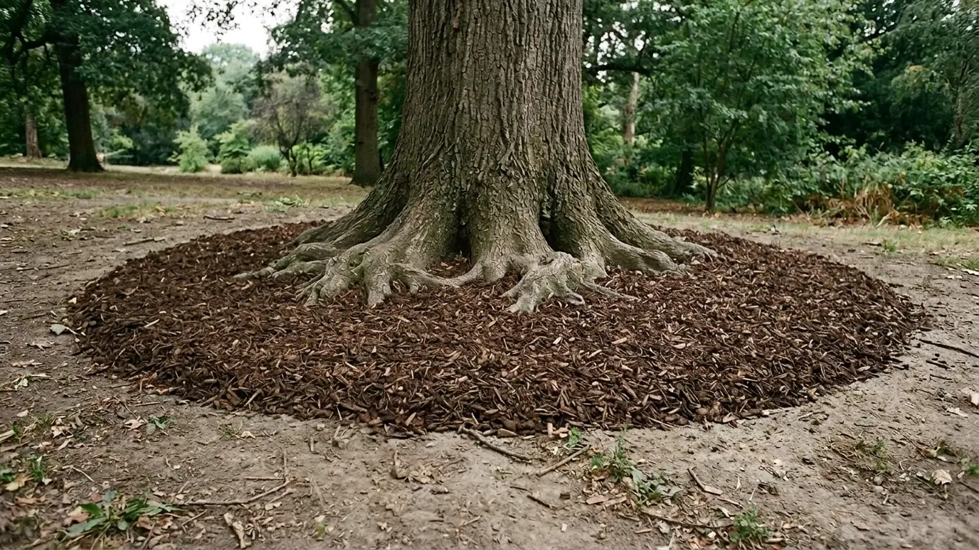 After: Mulching and soil care | Music City Tree Service After: the base of a tree with a neat mulch ring that protects the roots