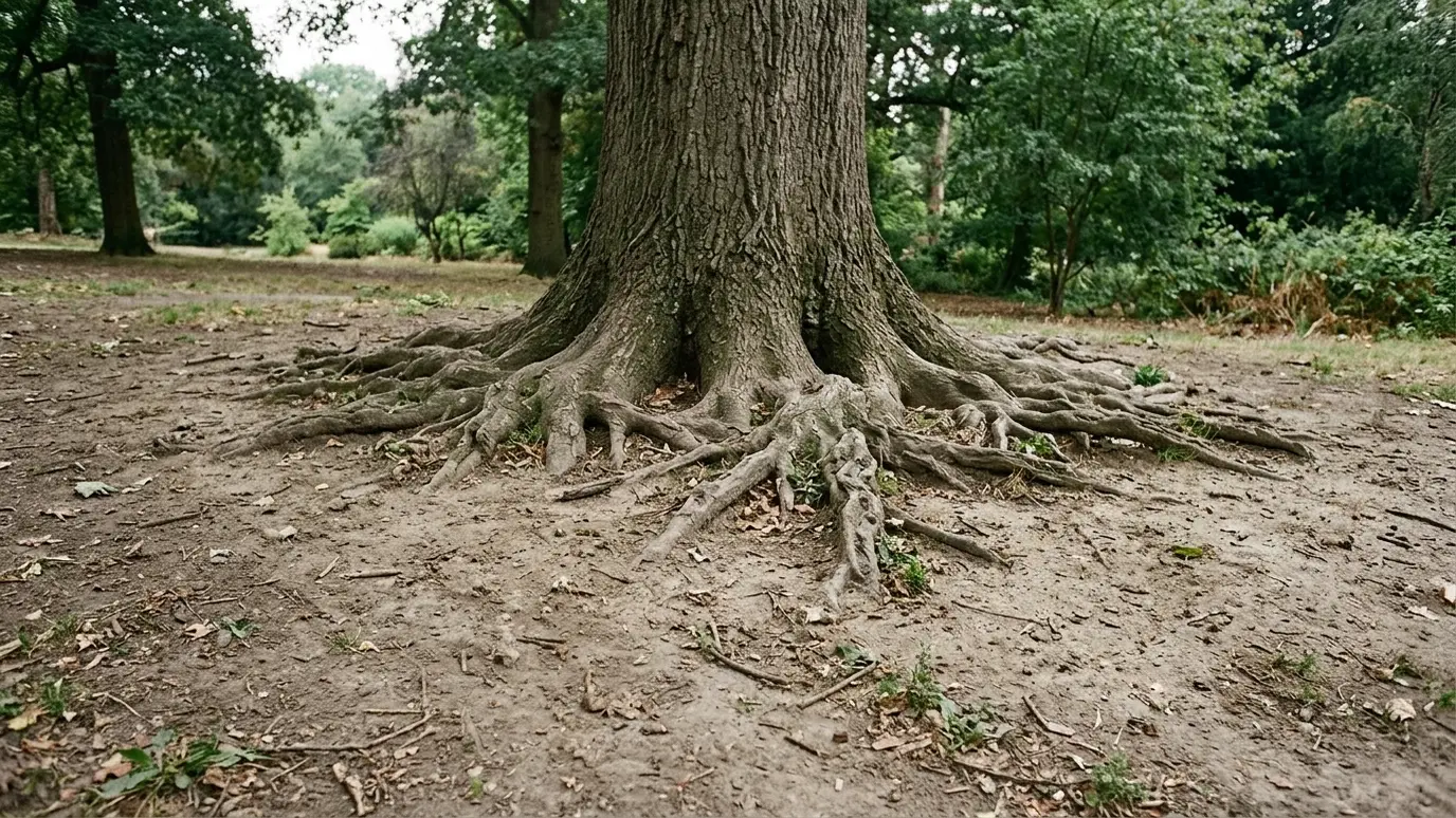 Before: the base of a tree with bare, compacted soil and exposed roots