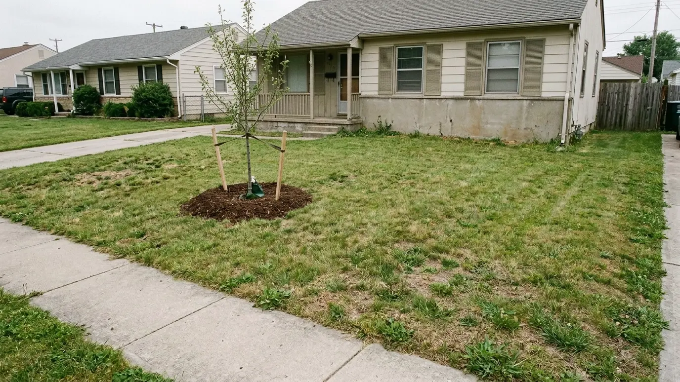 After: Tree planting | Music City Tree Service After: a front lawn with a young staked tree with fresh mulch