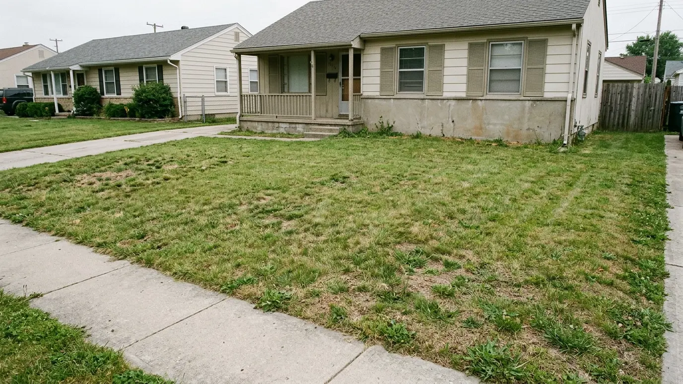 Before: a front lawn with an empty patch of lawn with no shade