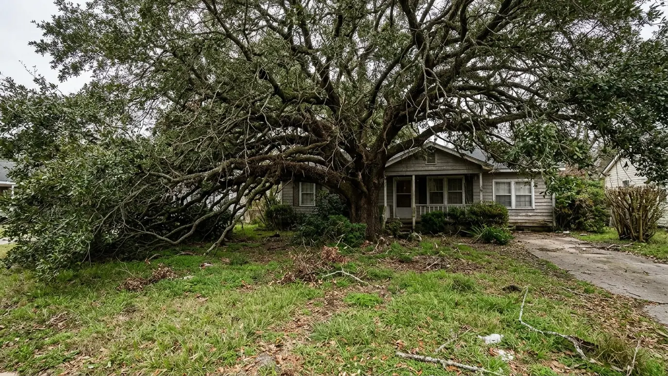 Before: a front yard with a crowded oak with low, tangled limbs