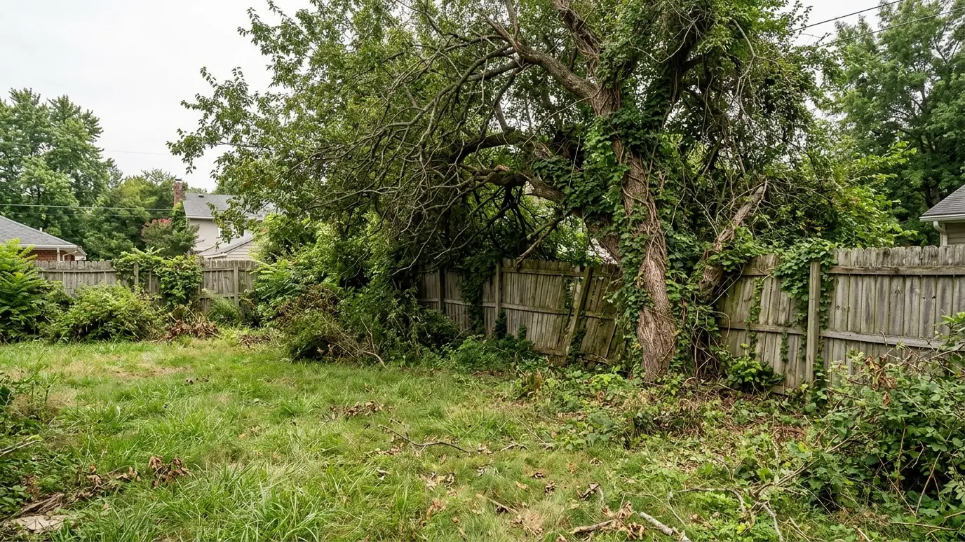 Before: a backyard with a tall, overgrown tree leaning over the fence line