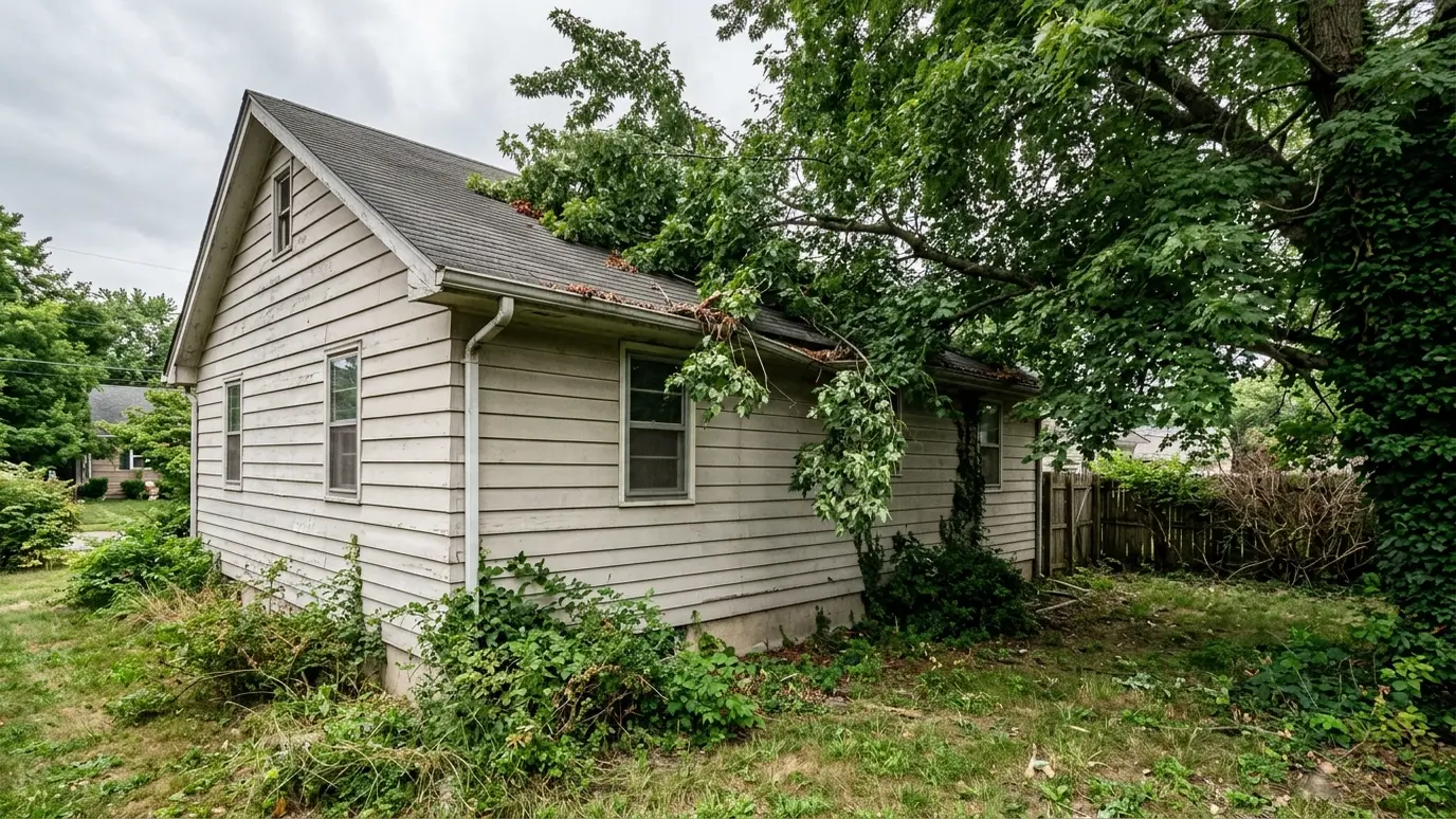Before: the side of a house with branches pressing on the roof and gutters