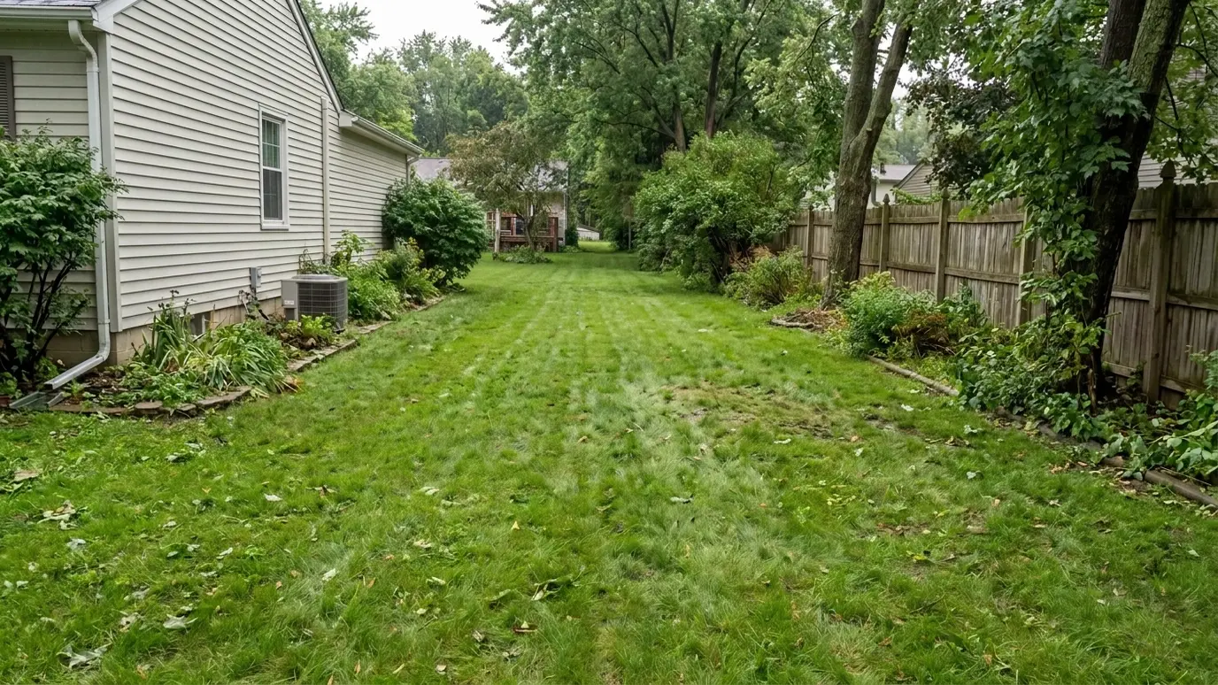 After: Storm damage cleanup | Music City Tree Service After: a side yard with a cleared, tidy yard with the damage removed