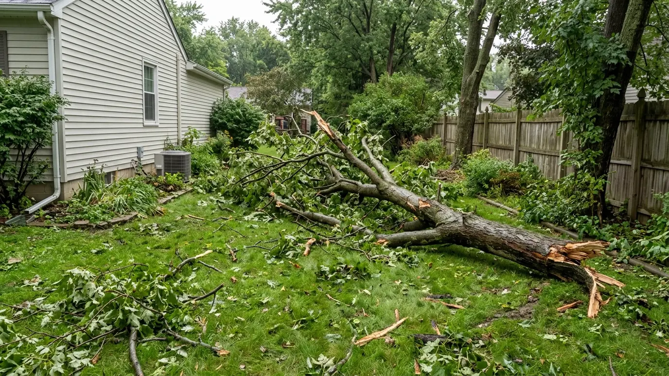 Before: a side yard with a fallen limb and broken branches across the lawn