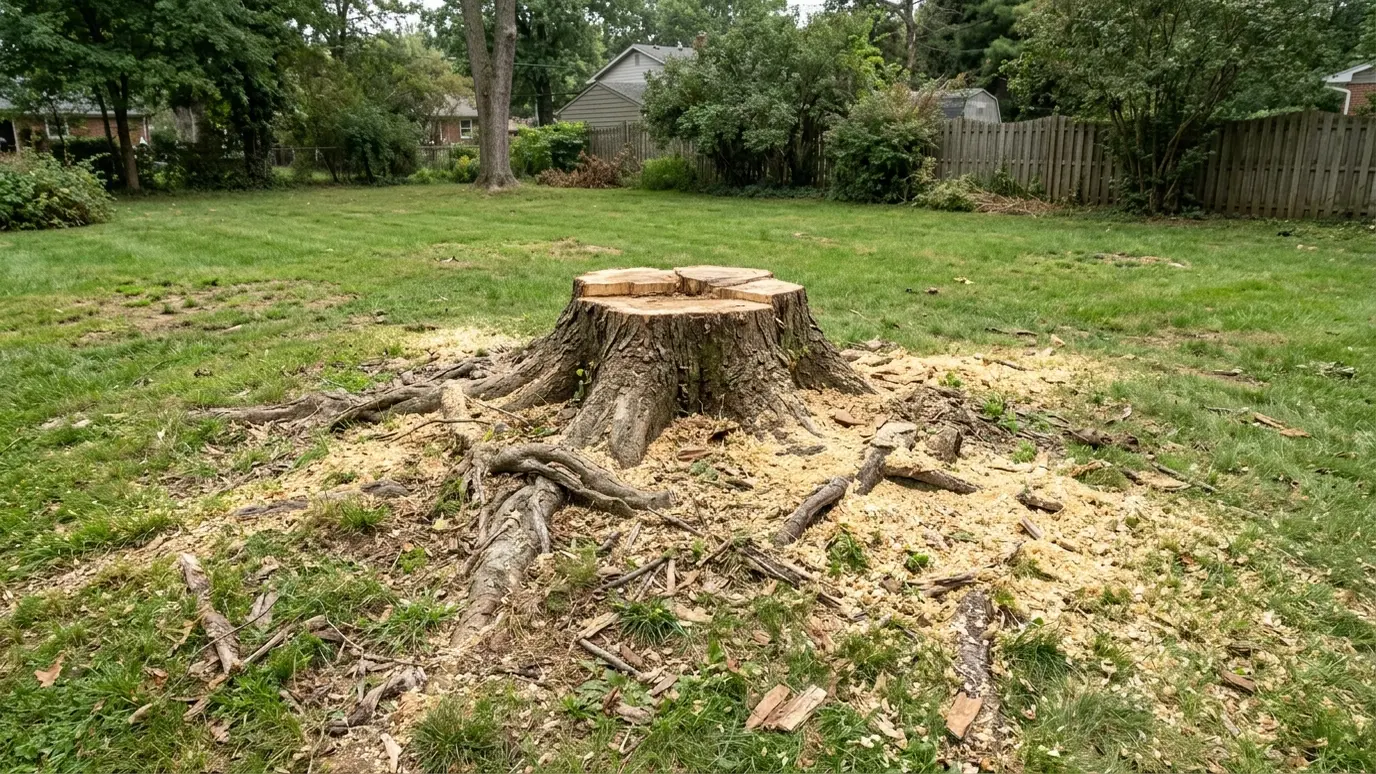 Before: a lawn with a large stump surrounded by roots and sawdust