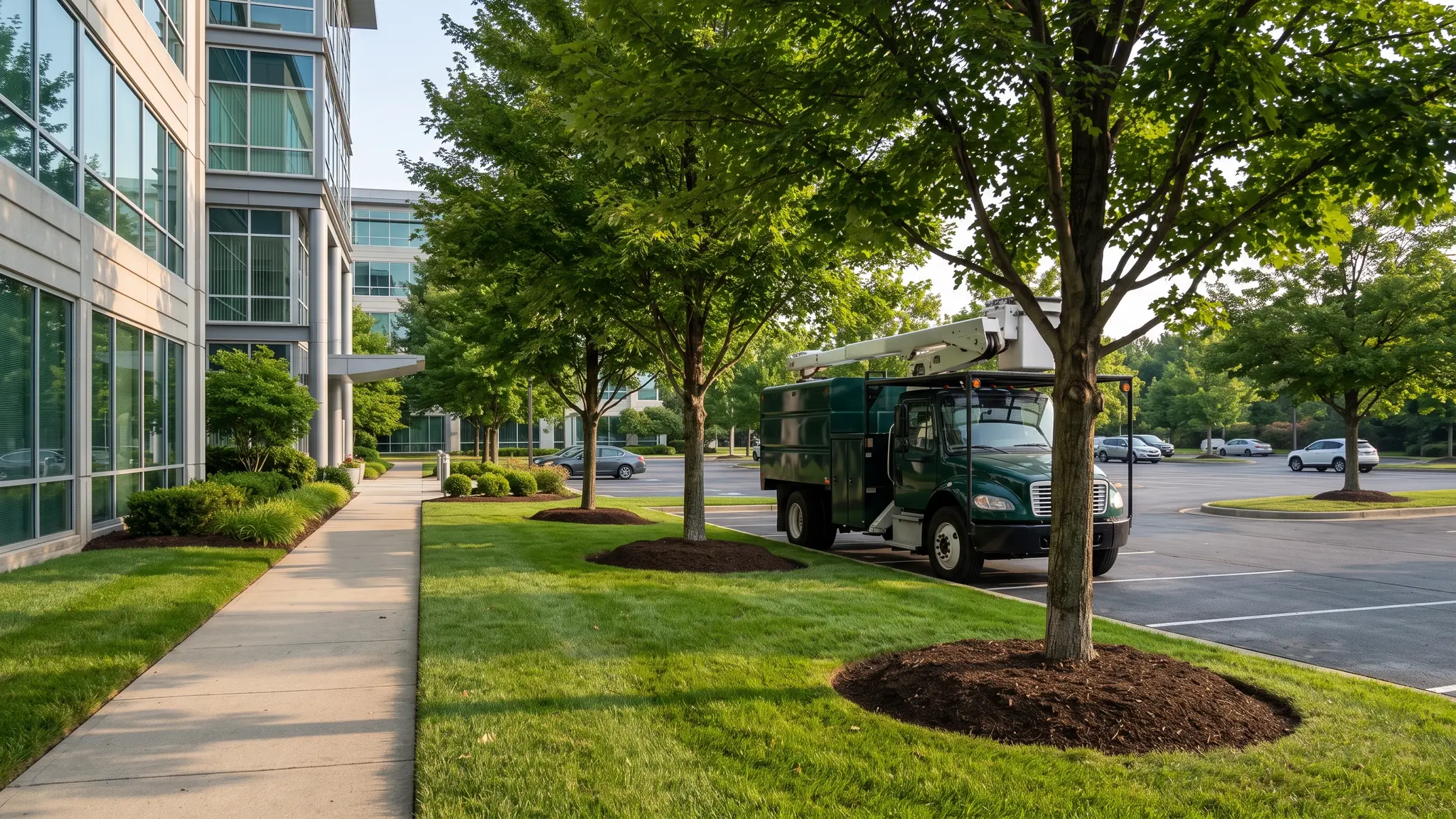 A tidy commercial campus with mature shade trees along a parking lot and walkway, and a crew truck parked at the edge of the lawn