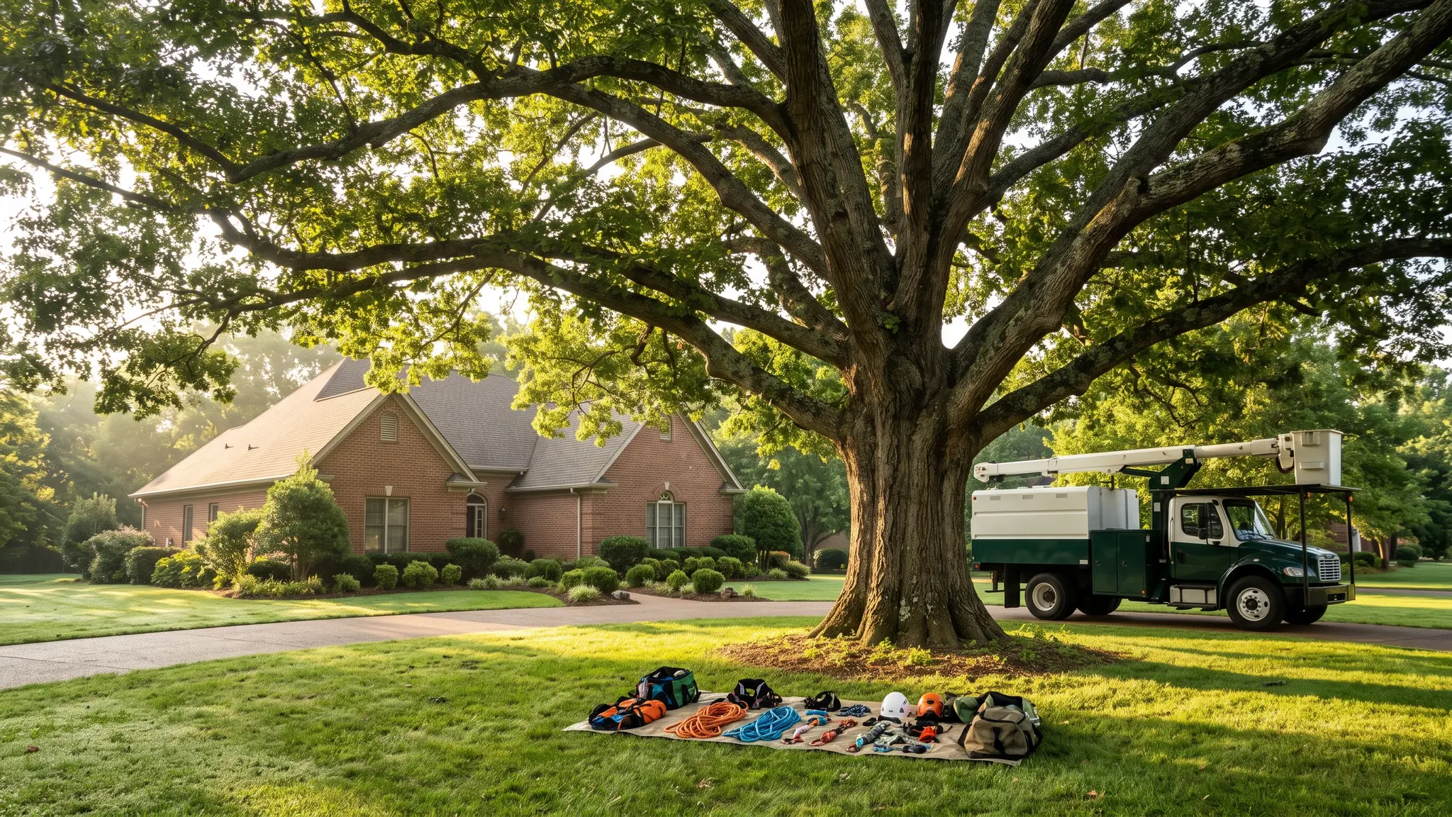 A mature oak tree on a Middle Tennessee property with a tree care bucket truck and tools set up beside it