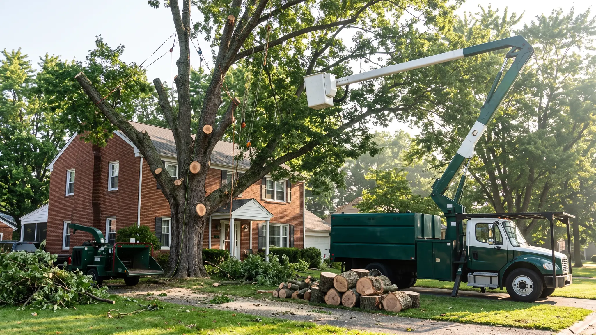 Tree removal | Music City Tree Service A large tree being taken down in sections beside a brick house, with a bucket truck, ropes and a chipper set up in the yard