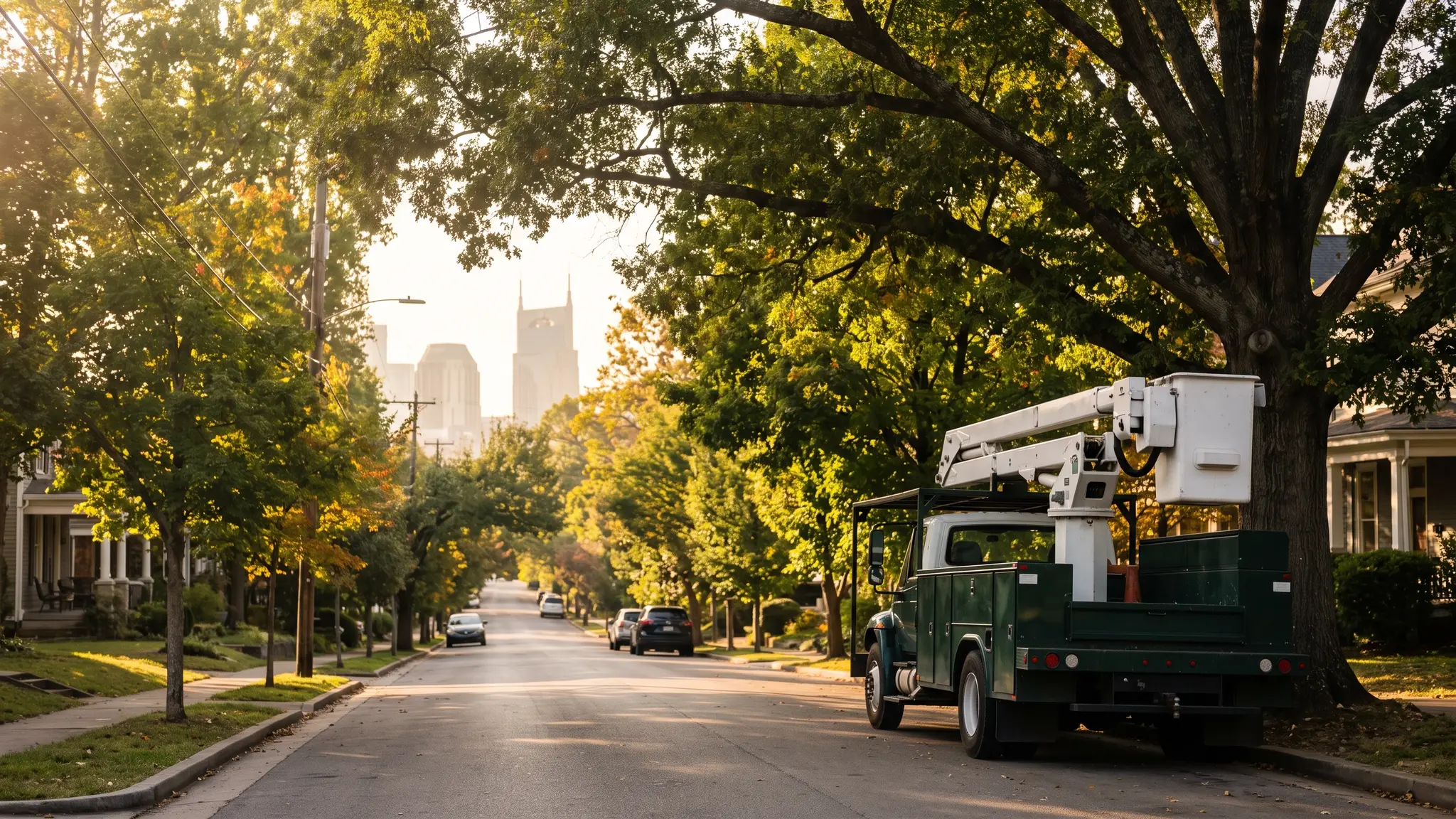 Music City Tree Service | Certified Arborist tree care in Nashville, TN Mature oak and maple trees along a Middle Tennessee street at golden hour with a bucket truck and the Nashville skyline in the distance