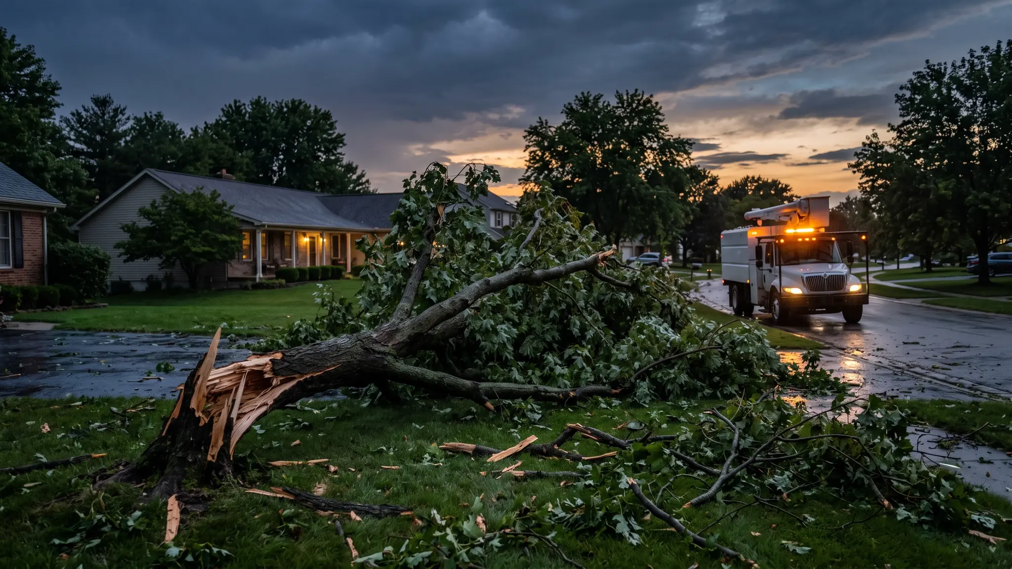 A large fallen limb across a suburban lawn after a storm at dusk, with a tree crew truck arriving and warning lights glowing