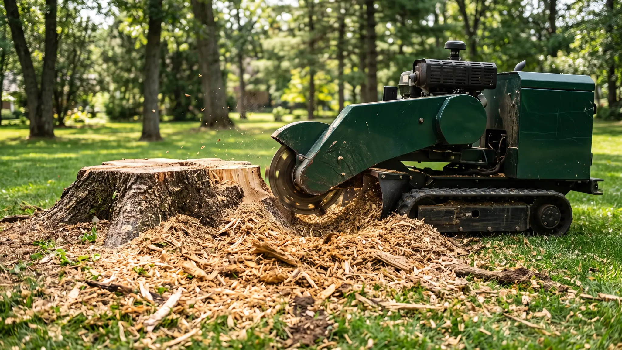 A stump grinder beside a large stump with fresh wood chips fanning out across a lawn on a bright day