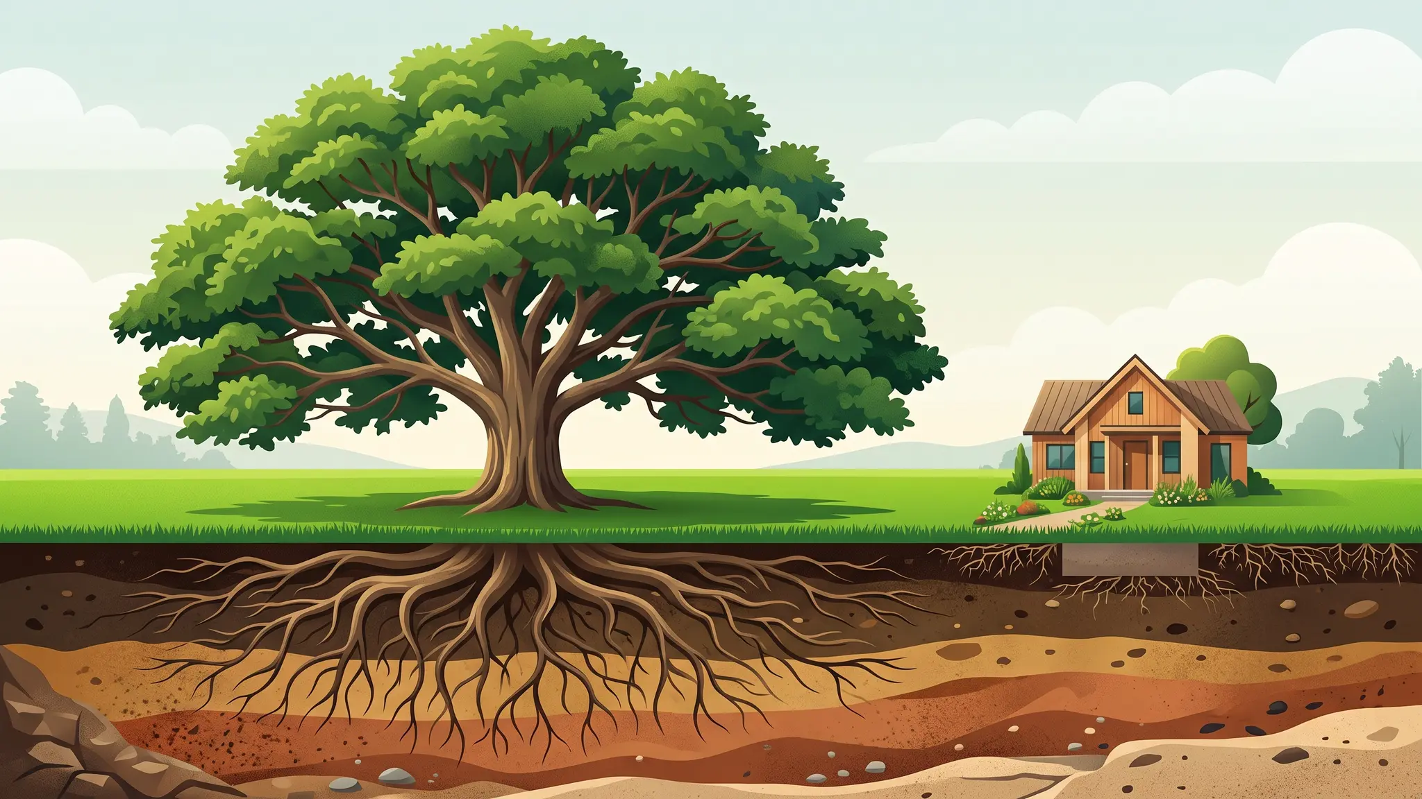 A cutaway illustration of a mature tree showing its roots, trunk and canopy above and below a lawn, with a small house beside it