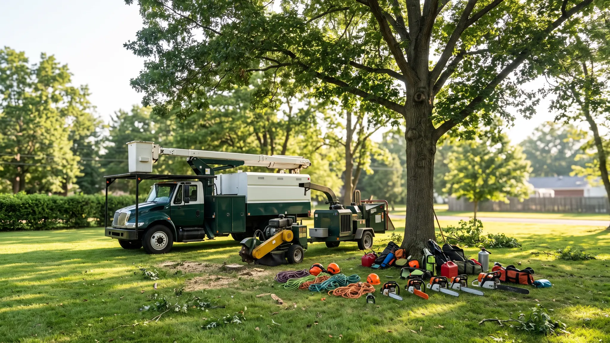 Tree care services | Music City Tree Service A bucket truck and wood chipper set up beneath a tall tree beside a brick home on a bright morning