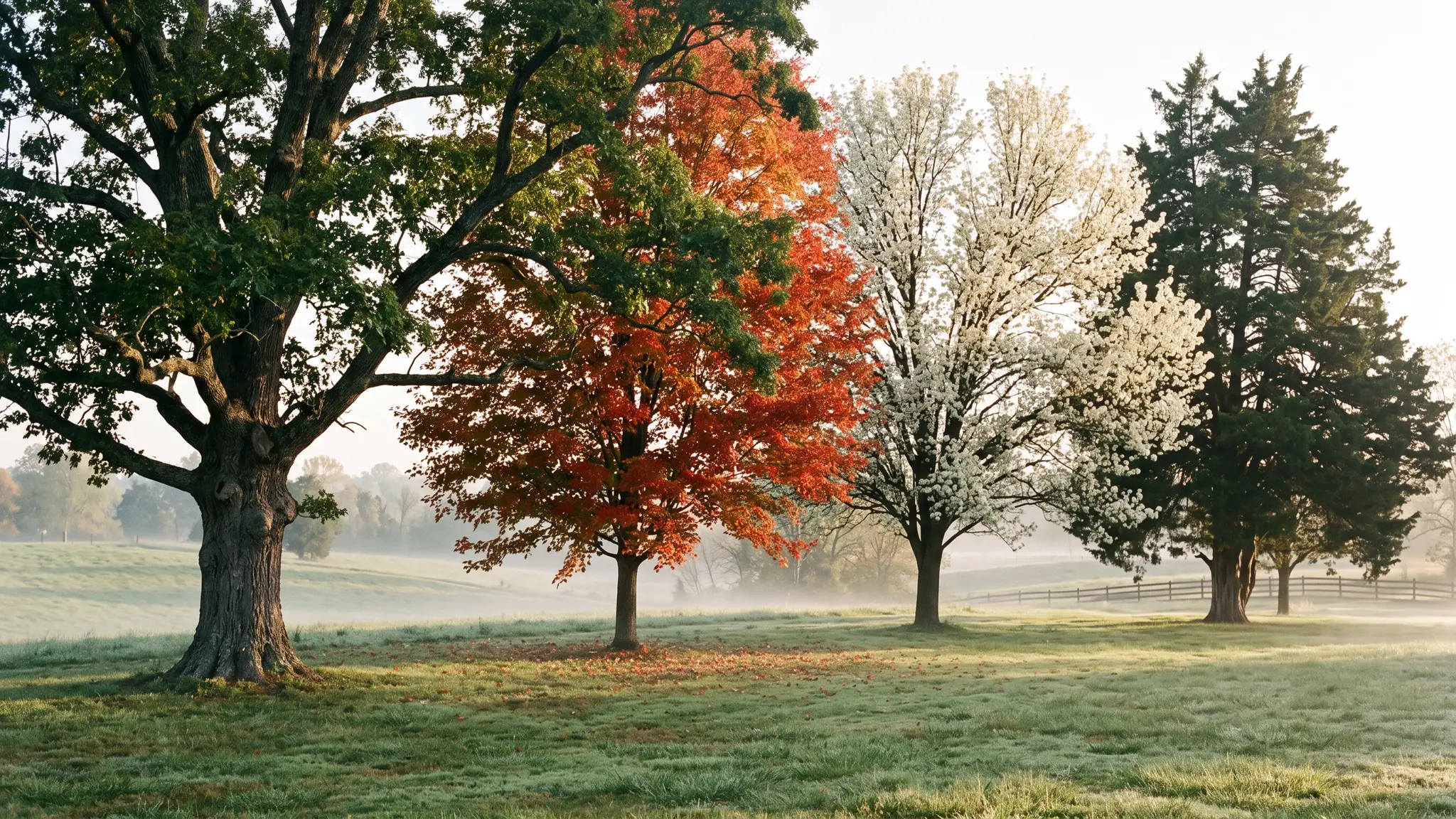 A row of different Middle Tennessee trees in a park, including an oak, a maple, a flowering pear and an evergreen, in soft morning light