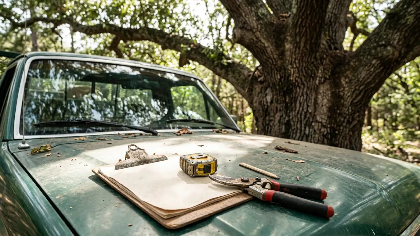 An arborist's clipboard, a tape measure and pruning shears on the hood of a truck beside a large tree in bright light