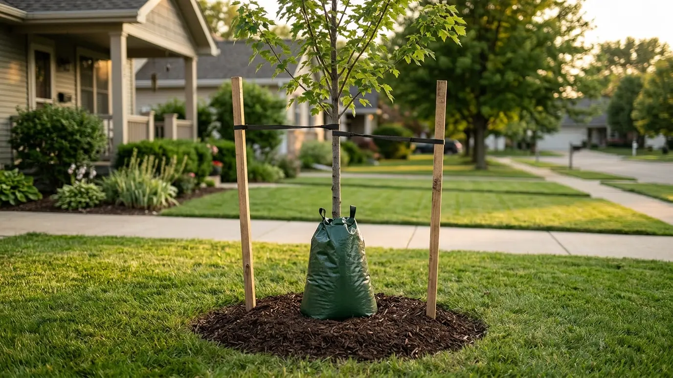 A young staked tree with a fresh mulch ring and a watering bag in a tidy front yard