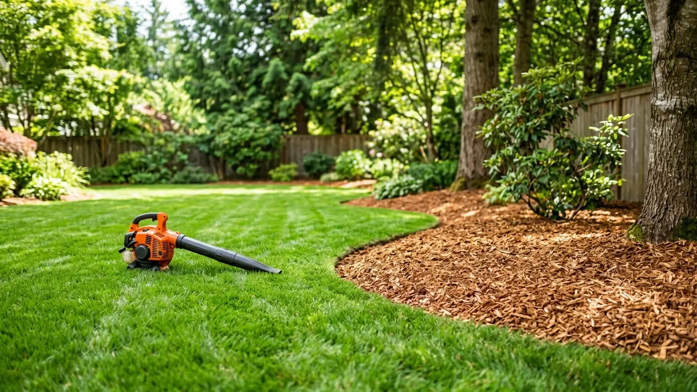 A clean, raked lawn with fresh wood chips and a leaf blower resting on the grass in clean light