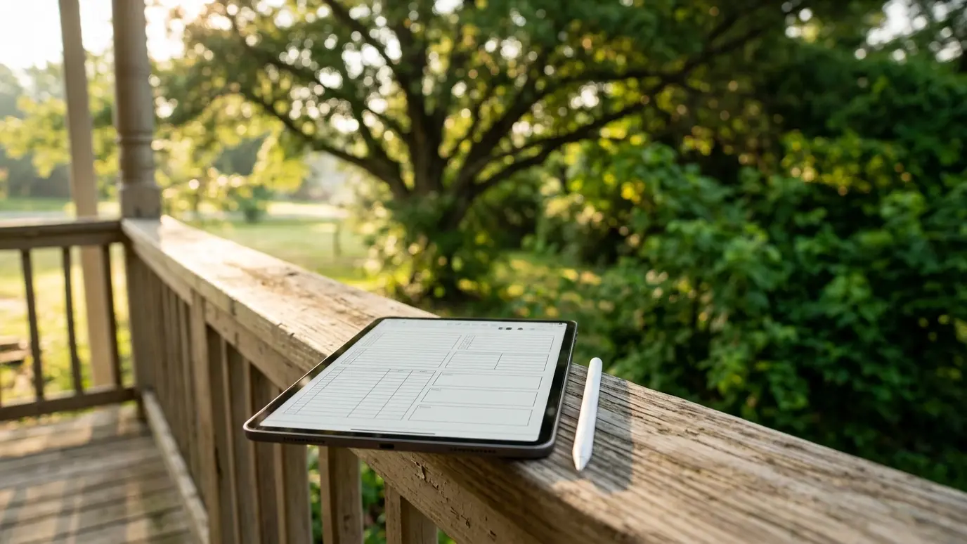 A tablet with a blank estimate form and a pen on a porch railing in morning light