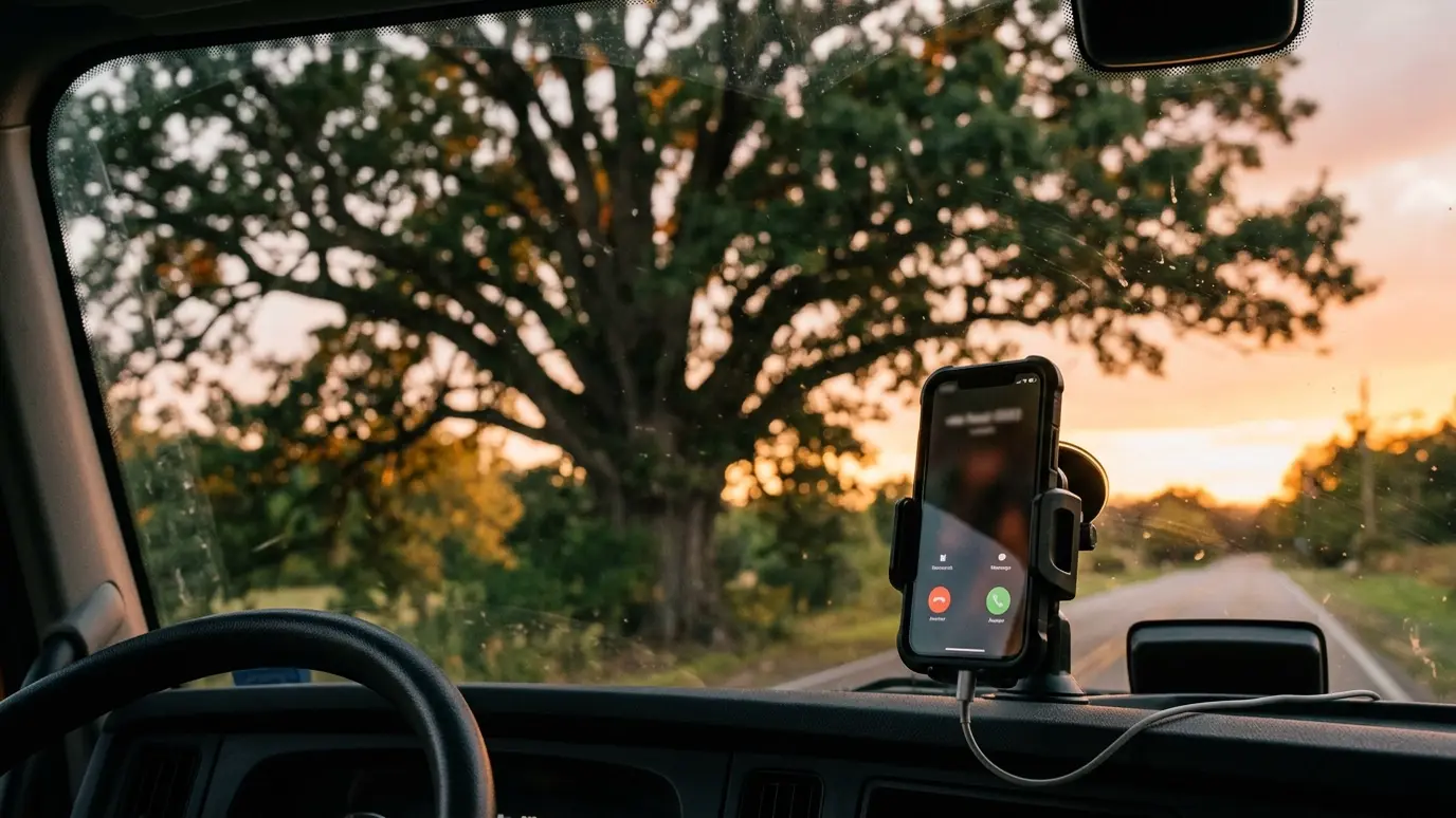 A smartphone on a truck dashboard showing an incoming call under a large tree at sunset