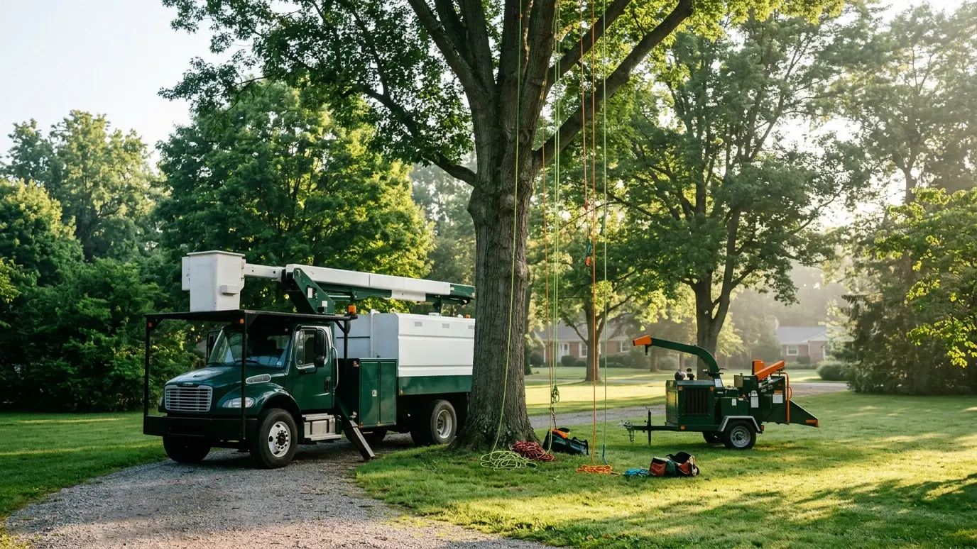 A bucket truck and ropes set up beneath a tall tree with a chipper ready on the lawn